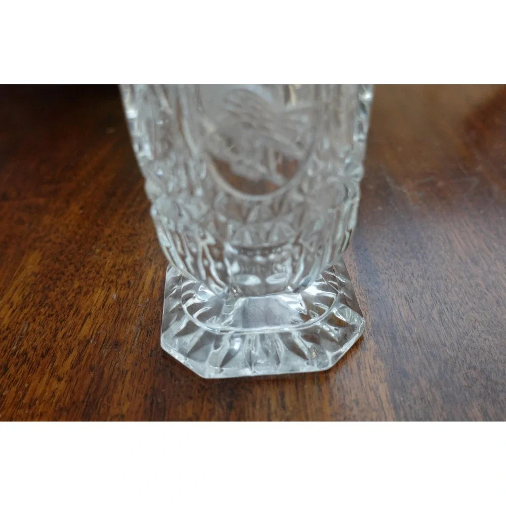 Vintage Hofbauer Byrdes Germany lead crystal vase sawtooth edges and etched bird